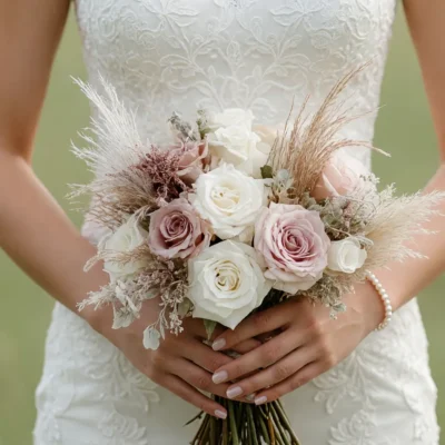 Bridal flowers bouquets featuring a pink wedding bouquet with blush roses, ivory roses, pampas grass, dried botanicals, and rustic bridal flowers.