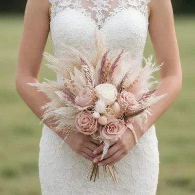 Boho style flowers pink wedding bouquet with blush roses, ivory rose, pampas grass, dried palm leaves, bunny tails, wheat, and preserved botanical accents.