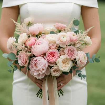Popular wedding bouquets featuring a pink wedding bouquet with blush peonies, garden roses, ranunculus, astilbe, eucalyptus, and romantic bridal flowers.