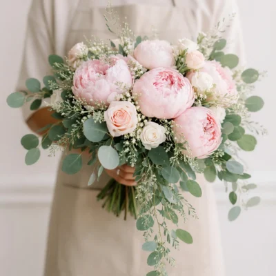 Bridal blooms featuring a pink wedding bouquet with blush peonies, garden roses, spray roses, eucalyptus, and delicate white filler flowers.