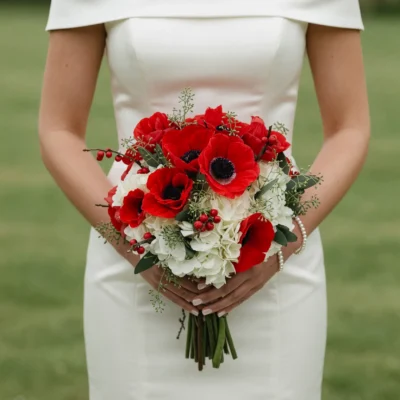 Red wedding bouquet with red anemones, white hydrangeas, berries and greenery for elegant bridal wedding ceremony