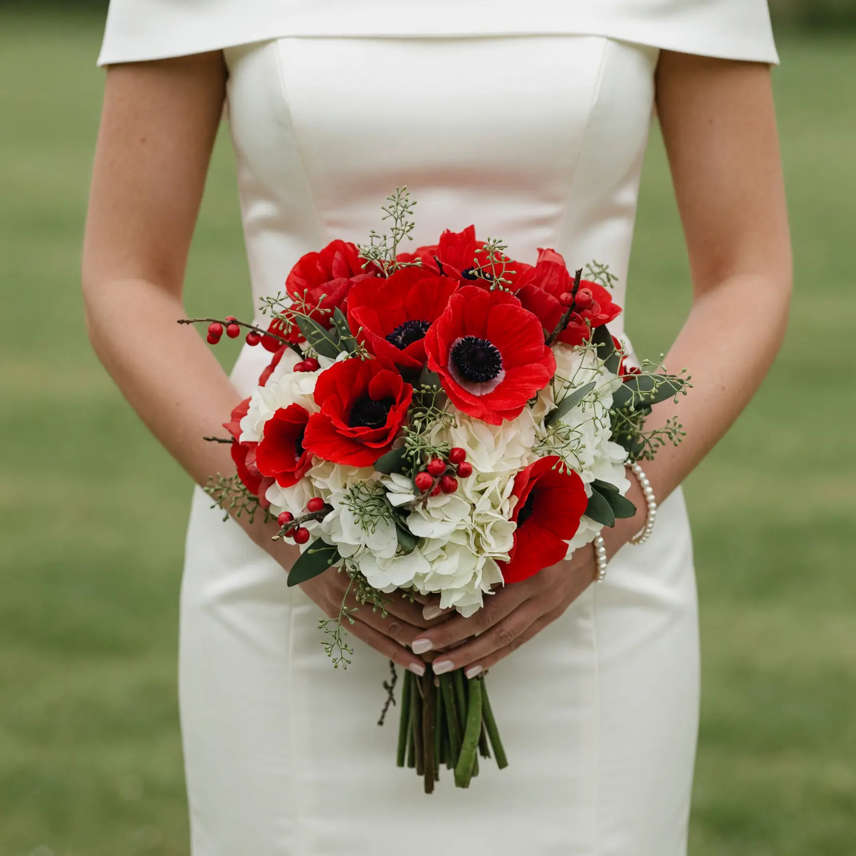 Red Wedding Bouquet with Red Anemones and White Hydrangeas