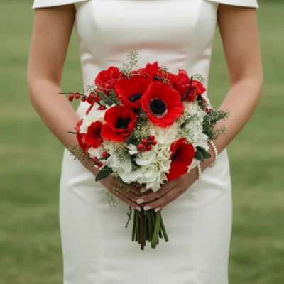 Anemone Wedding Bouquet featuring white anemones, ranunculus, fresh greenery, and elegant bridal flowers bouquets.