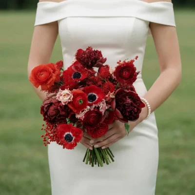 Anemone Wedding Bouquet featuring crimson anemones, burgundy peonies, ranunculus, roses, and seasonal berries in elegant bridal flowers bouquets.