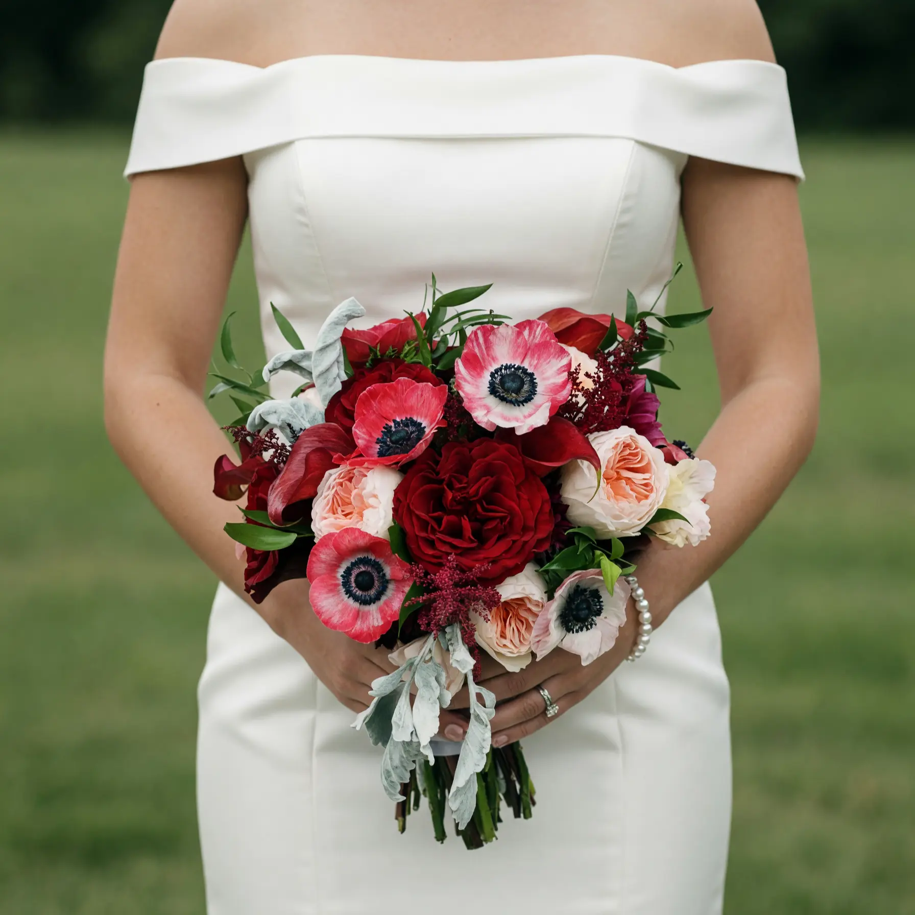 Red Wedding Bouquet with Roses and Pink Anemones