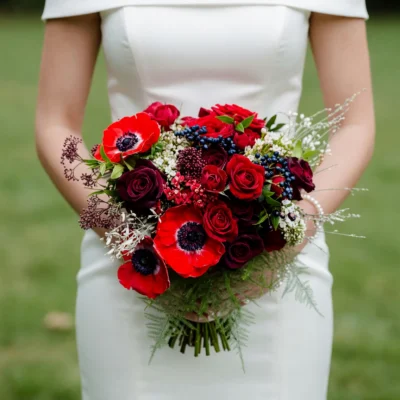 Red wedding bouquet with scarlet anemones, red roses, burgundy roses, blue berries and white wax flowers for elegant bridal wedding ceremony