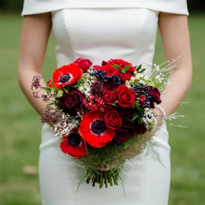 Anemone Wedding Bouquet featuring scarlet anemones, crimson roses, blue berries, white wax flowers, and elegant bridal flowers bouquets.