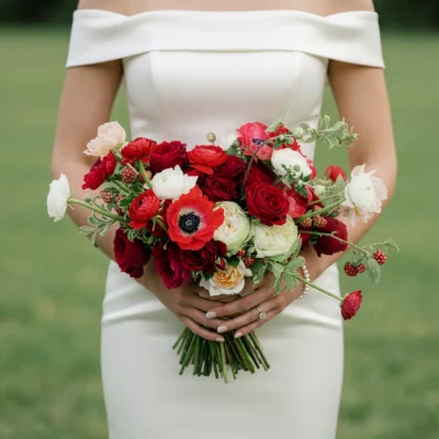 Red wedding bouquet with red roses, scarlet anemones, white ranunculus, ivory garden roses and seasonal berries for elegant bridal wedding ceremony