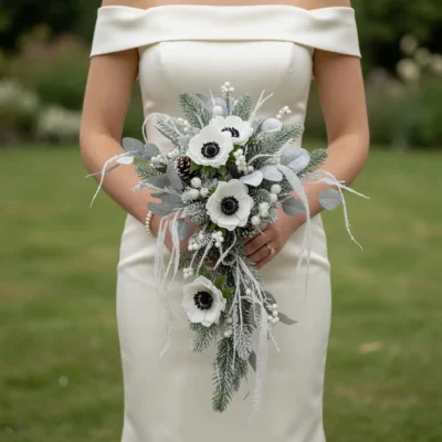 Anemone Wedding Bouquet featuring cascading white anemones, frosted evergreen, silver eucalyptus, snowy berries, and elegant bridal flowers bouquets.