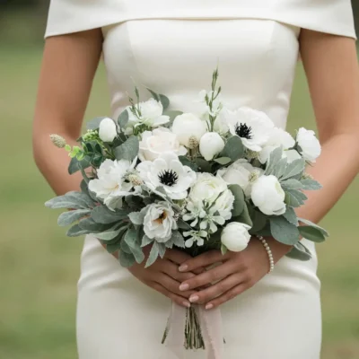 Anemone Wedding Bouquet featuring white anemones, ivory peonies, ranunculus, silver dusty miller, eucalyptus, and elegant bridal flowers bouquets.