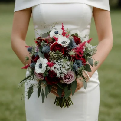 Anemone Wedding Bouquet with burgundy roses, white anemones, blue thistle, blush roses, eucalyptus, and elegant bridal flowers bouquets.