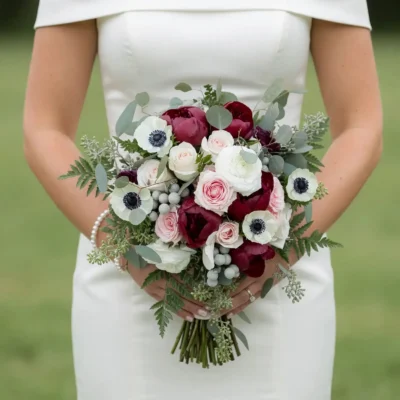 Anemone Wedding Bouquet featuring burgundy peonies, white anemones, blush roses, ranunculus, silver berries, eucalyptus, and elegant bridal flowers bouquets.