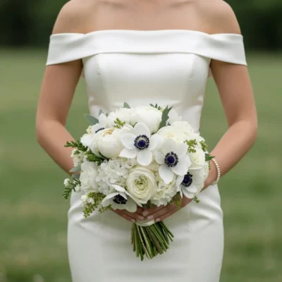 Anemone Wedding Bouquet featuring white anemones, ivory peonies, white ranunculus, hydrangeas, and elegant bridal flowers bouquets.