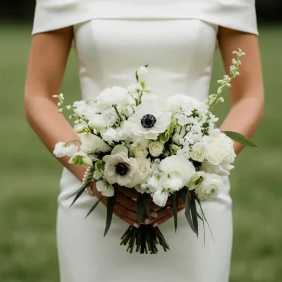White Anemone Wedding Bouquet with spray roses, ranunculus, stock flowers and elegant bridal flowers bouquets.