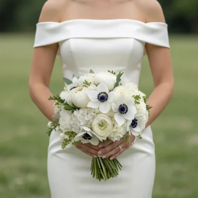 Bridal flowers bouquets featuring a white Anemone Wedding Bouquet with hydrangeas, peonies, ranunculus, and elegant ivory wedding flowers.