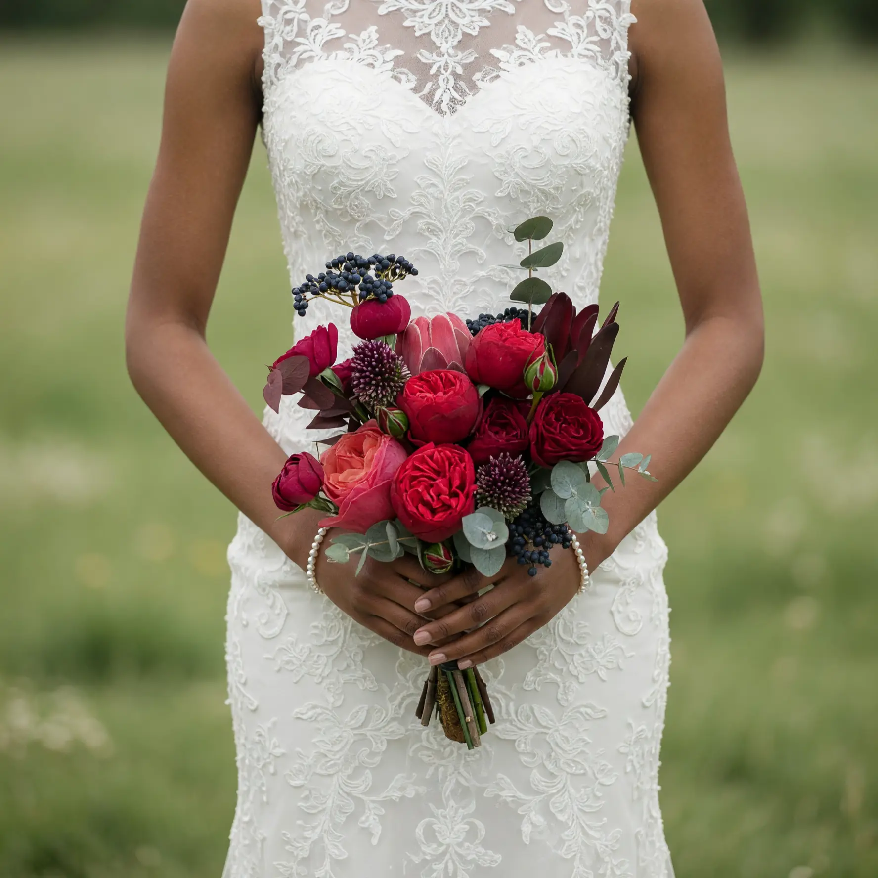 Red Wedding Bouquet with Burgundy Roses and Ranunculus