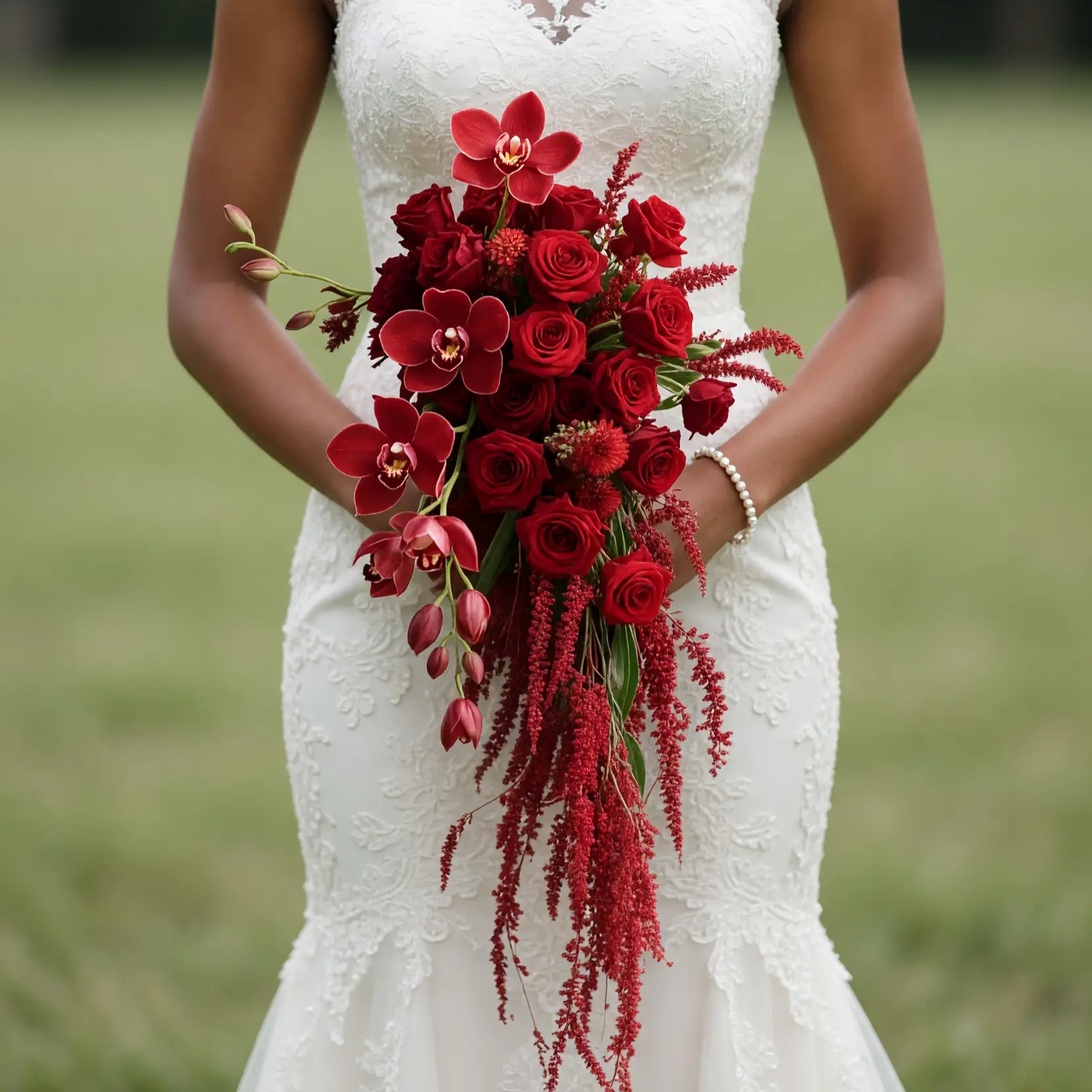 Red Wedding Bouquet with Roses, Orchids and Cascading Amaranthus