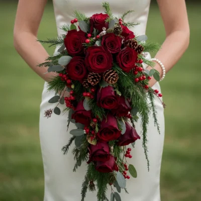 Red wedding bouquet with deep red roses, evergreen foliage, pinecones, winter berries and eucalyptus in a cascading bridal arrangement