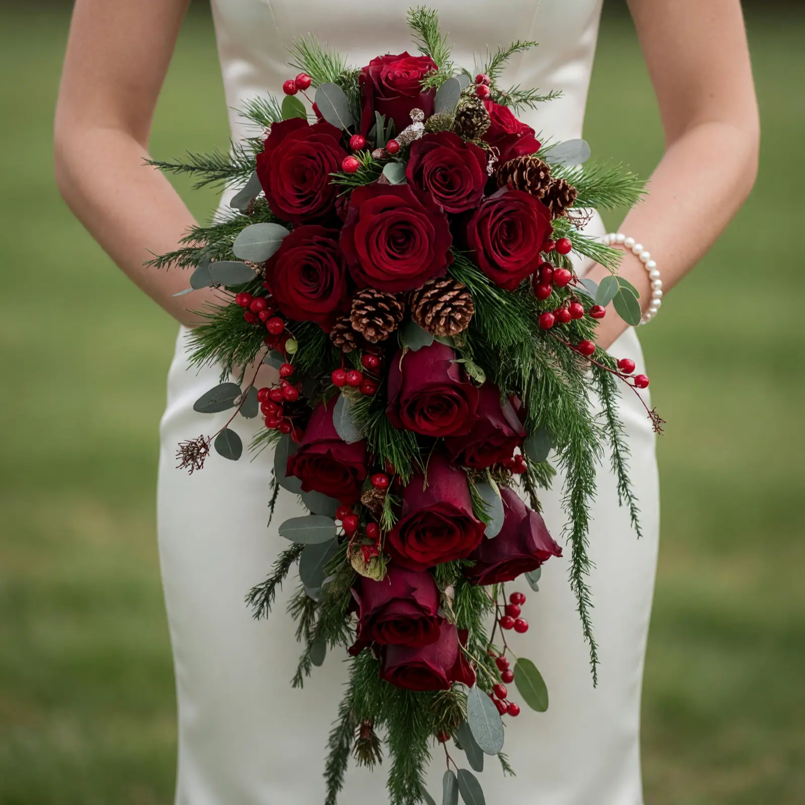 Red Wedding Bouquet with Winter Roses, Evergreens and Pinecones