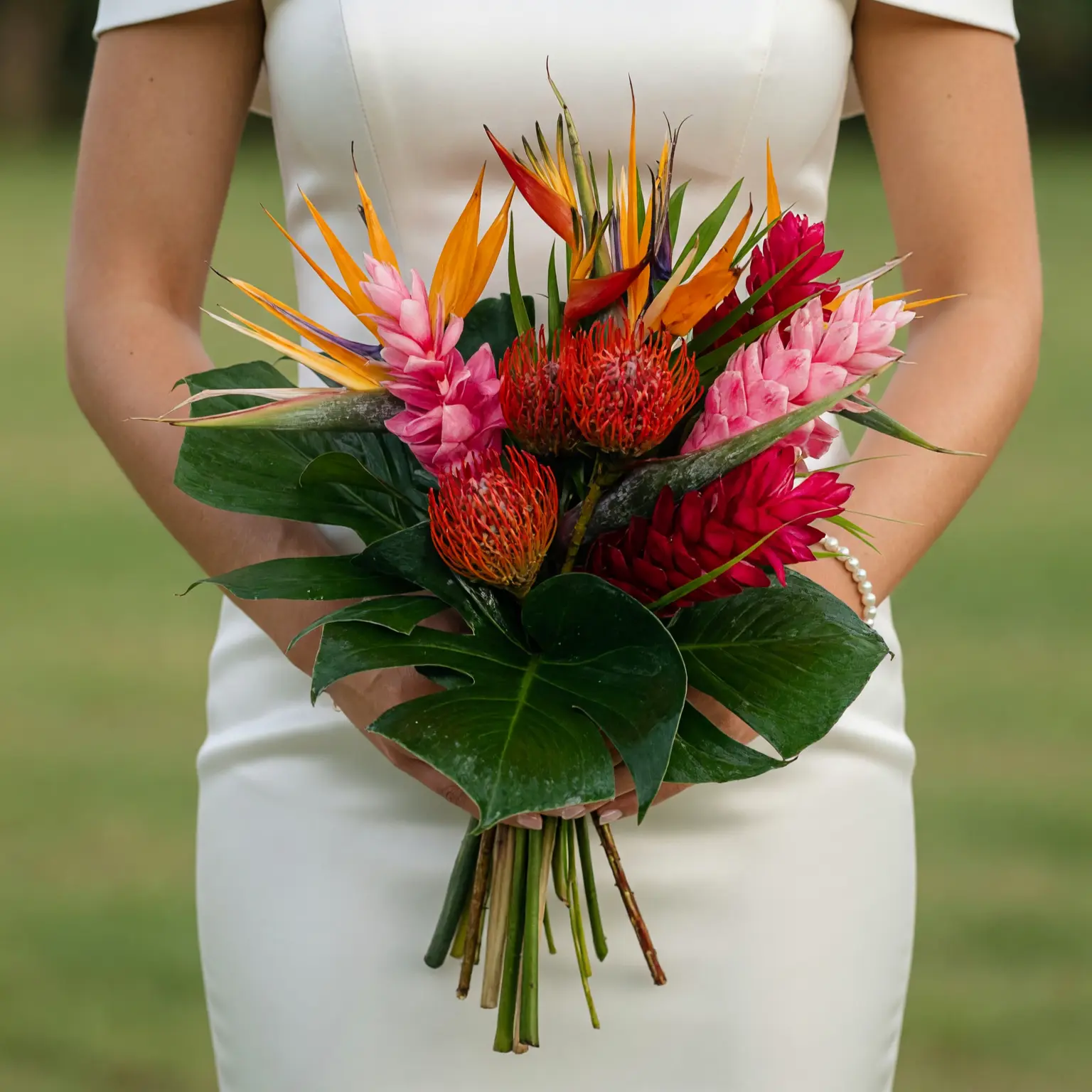 Red Wedding Bouquet with Tropical Protea and Birds of Paradise