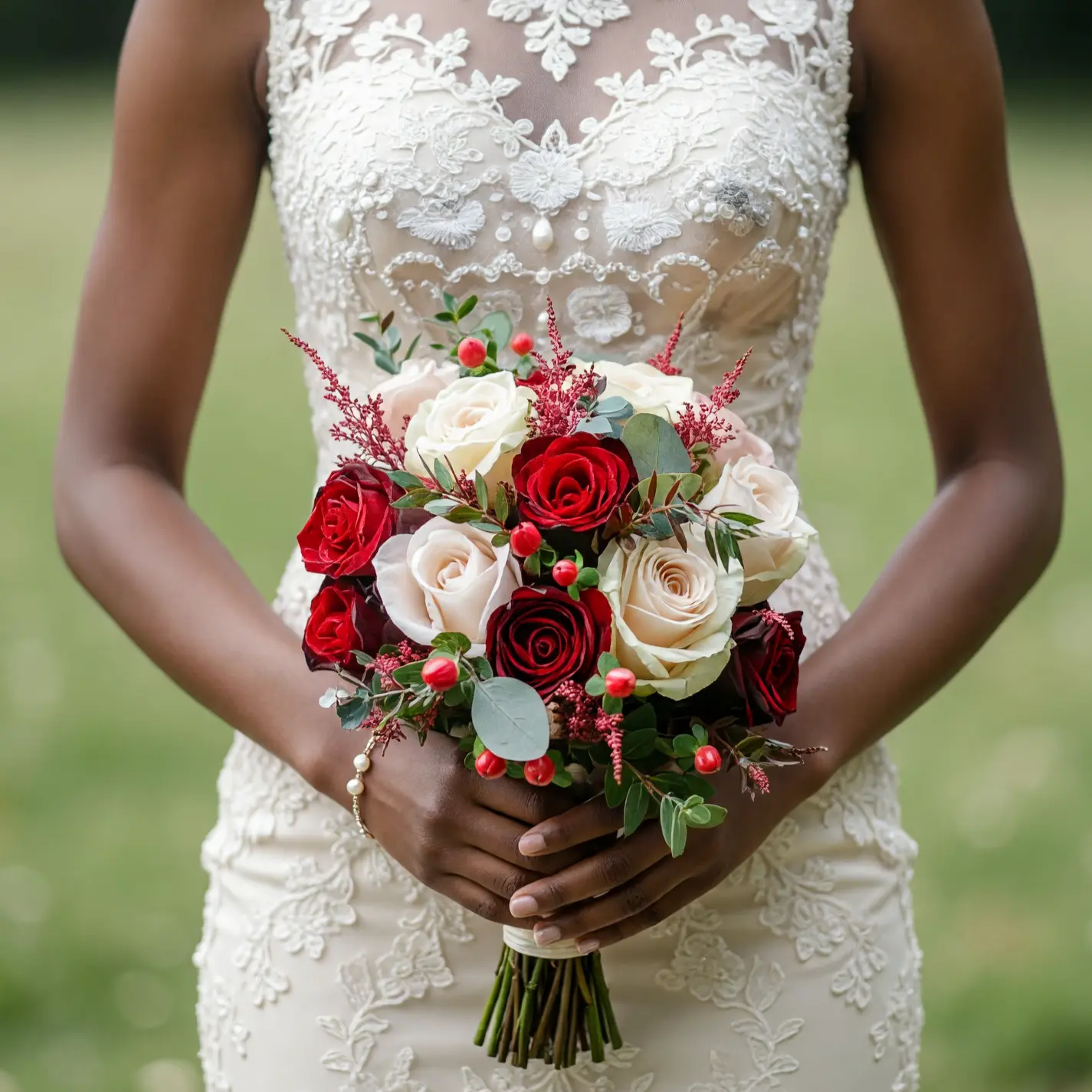 Red Wedding Bouquet with Red and Ivory Roses