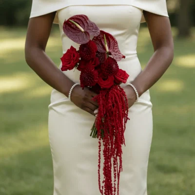 Red wedding bouquet with burgundy anthuriums, red roses, dahlias and cascading red amaranthus for modern bridal wedding ceremony