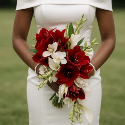 Red wedding bouquet with red amaryllis, white freesia, white calla lilies and fresh greenery for an elegant bridal wedding ceremony