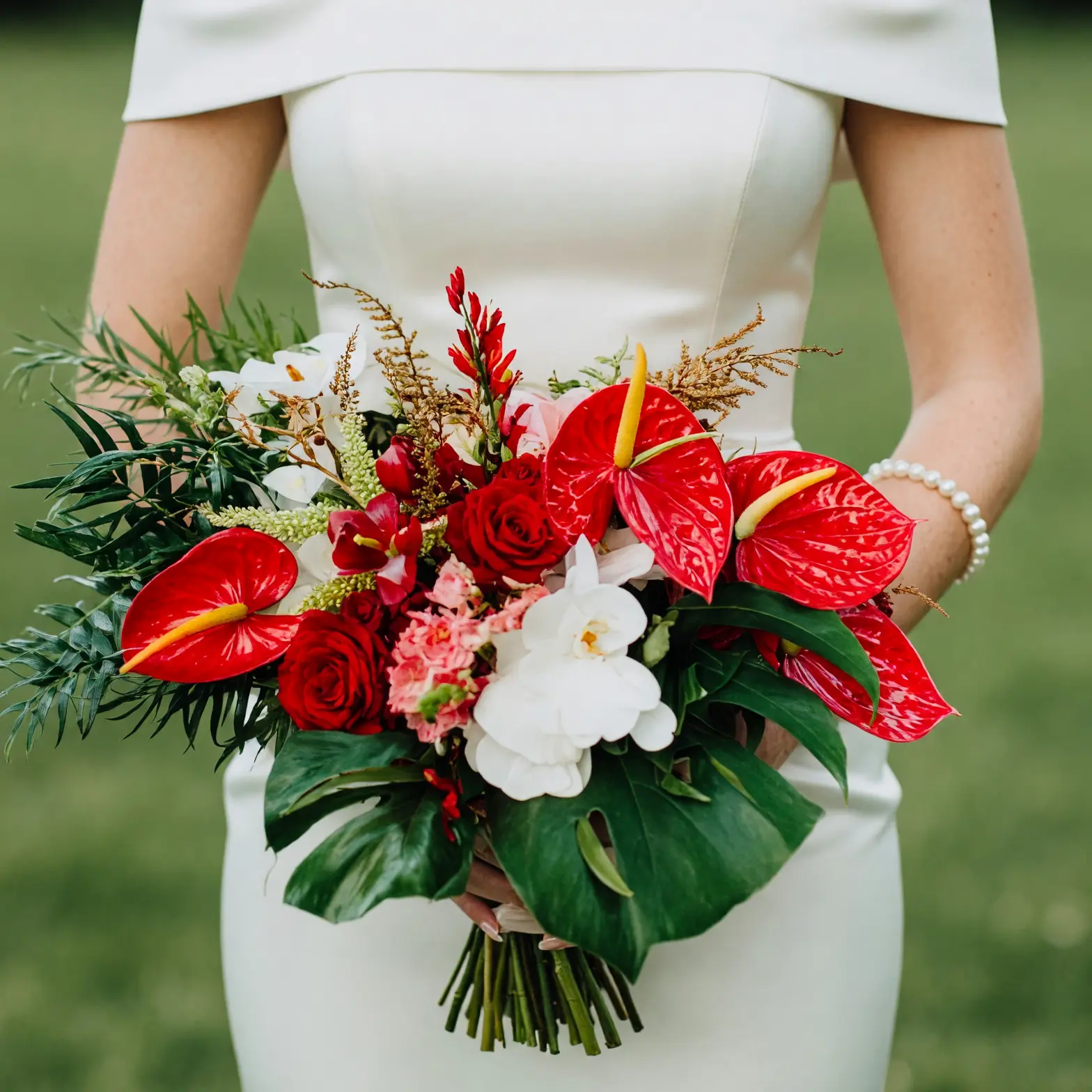 Red Wedding Bouquet with Anthuriums and White Orchids
