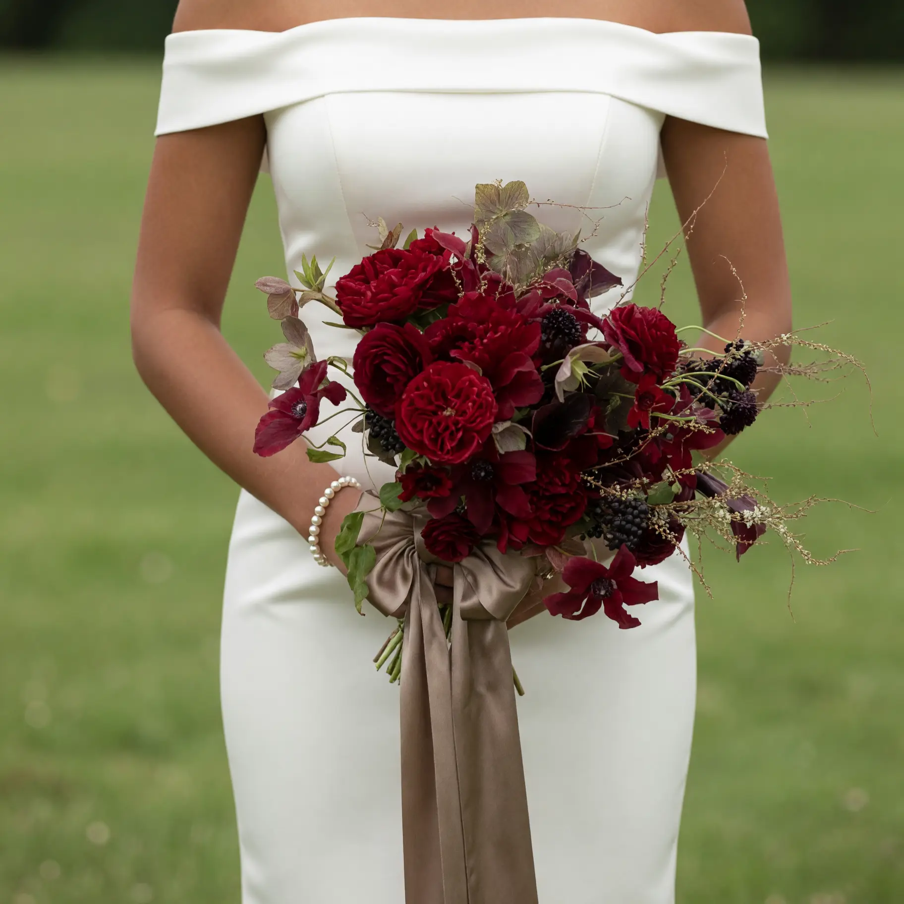 Red Wedding Bouquet with Burgundy Flowers and Satin Ribbon