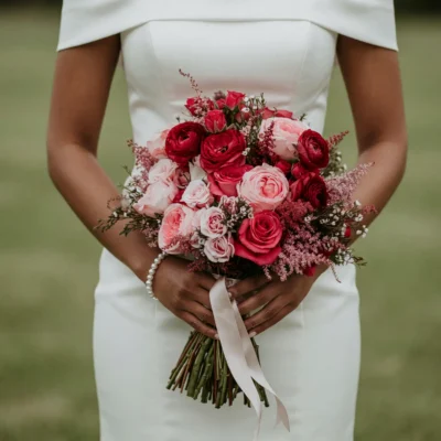 Red wedding bouquet with red roses, blush garden roses, ranunculus, pink astilbe and seasonal greenery for an elegant bridal wedding ceremony