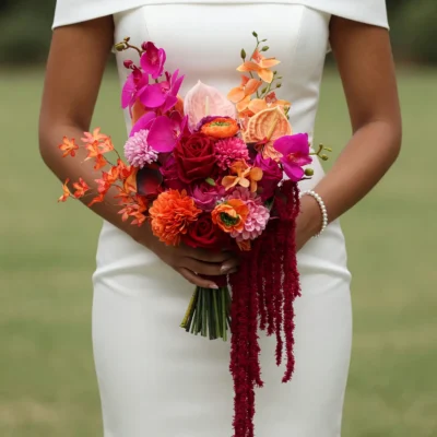 Bridal flowers bouquets with tropical orchids, red roses, orange dahlias, peach anthuriums and cascading burgundy amaranthus for an elegant wedding