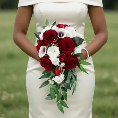 Red Wedding Bouquet with cascading red roses, white calla lilies, ivory flowers, and greenery for elegant bridal blooms