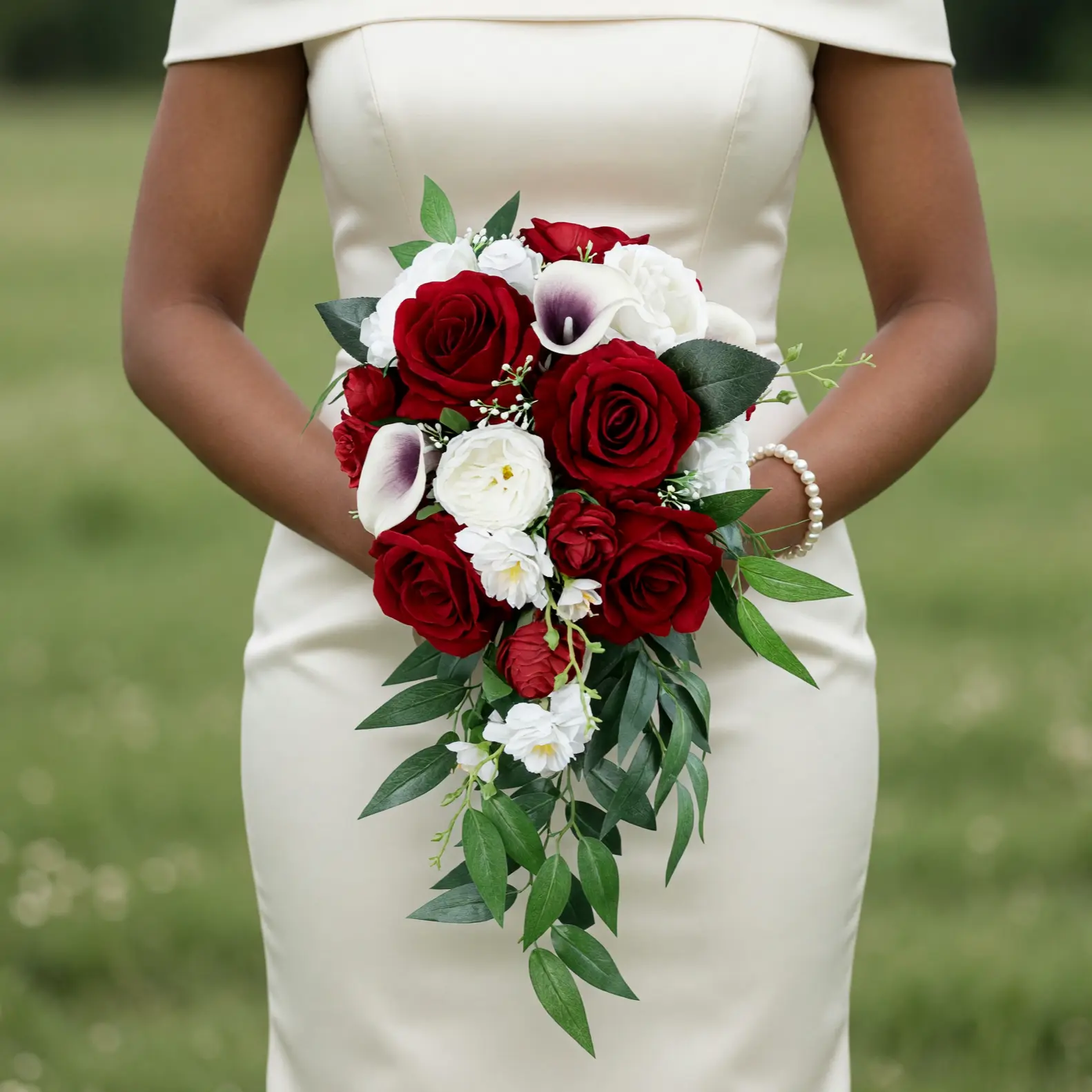 Red Wedding Bouquet with Cascading Roses