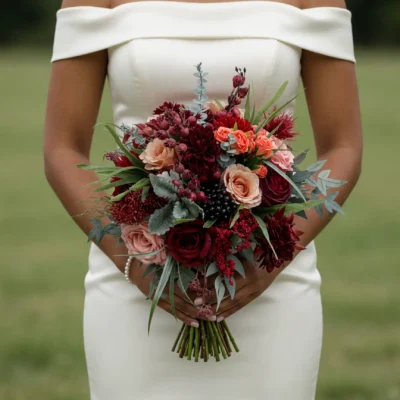 Red Wedding Bouquet with burgundy dahlias, blush roses, eucalyptus, berries, and boho style flowers for romantic weddings