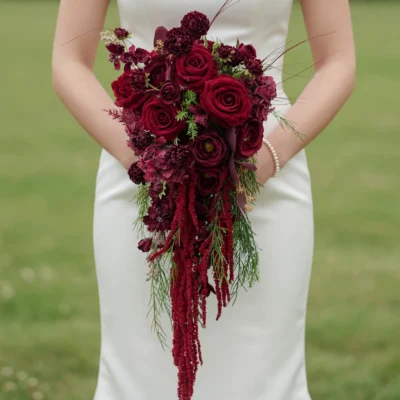 Red Wedding Bouquet with burgundy roses, cascading amaranthus, ranunculus, and greenery for budget wedding bouquets inspiration