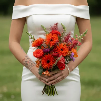 Red Wedding Bouquet with orange gerbera daisies, red roses, spider chrysanthemums, and seasonal blooms inspired by florist styles