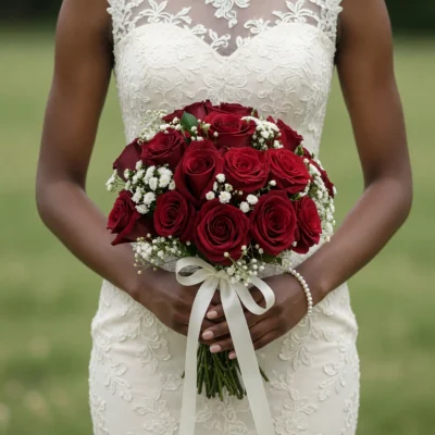 Red Wedding Bouquet with classic red roses, white baby's breath, and ivory ribbon for elegant bridal flowers bouquets