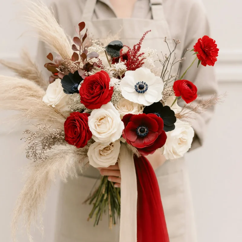 Red Wedding Bouquet Boho Pampas Romance