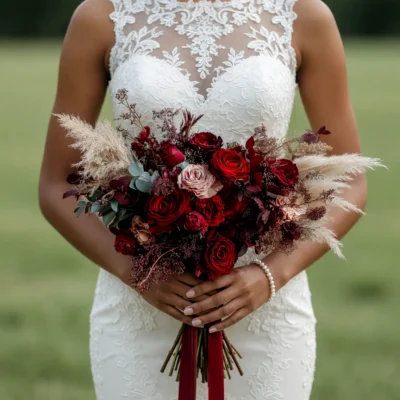 Red Wedding Bouquet with burgundy roses, blush roses, pampas grass, eucalyptus, and dried botanicals for bridal bouquets cost inspiration
