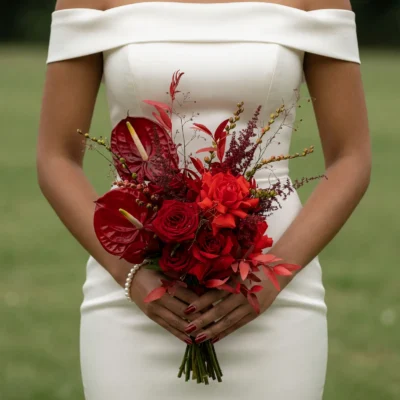 Bridal blooms wedding bouquet with red roses, glossy red anthuriums, scarlet flowers, burgundy astilbe, berry branches, and modern botanical foliage