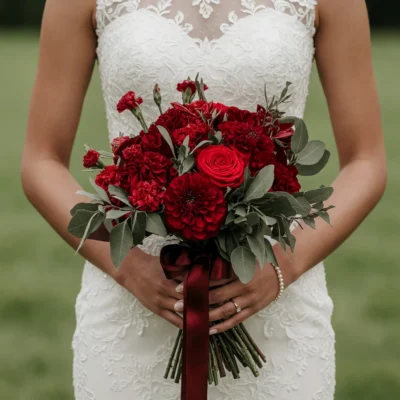 Red Wedding Bouquet with crimson roses, burgundy dahlias, miniature carnations, eucalyptus, and budget wedding bouquets inspiration