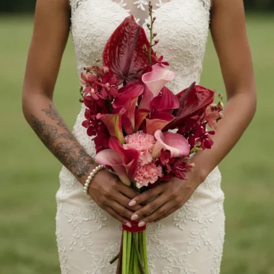 Red Wedding Bouquet with burgundy anthuriums, blush calla lilies, orchids, carnations, and boho style flowers