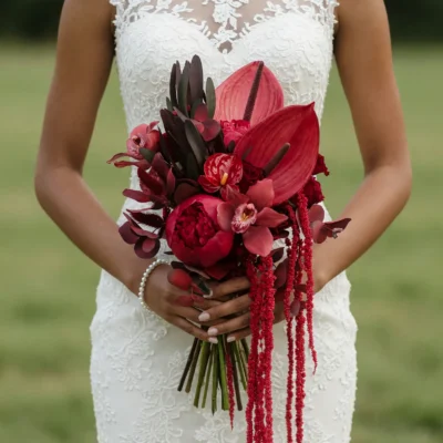 Red Wedding Bouquet with crimson peonies, burgundy anthuriums, orchids, cascading amaranthus, and elegant florist styles