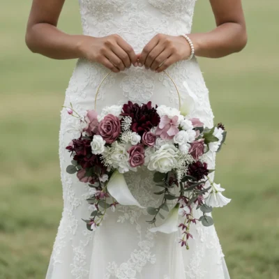 Arch bridal floral hoop bouquet with ivory roses, mauve roses, burgundy dahlias, white calla lilies, eucalyptus, and gold hoop design