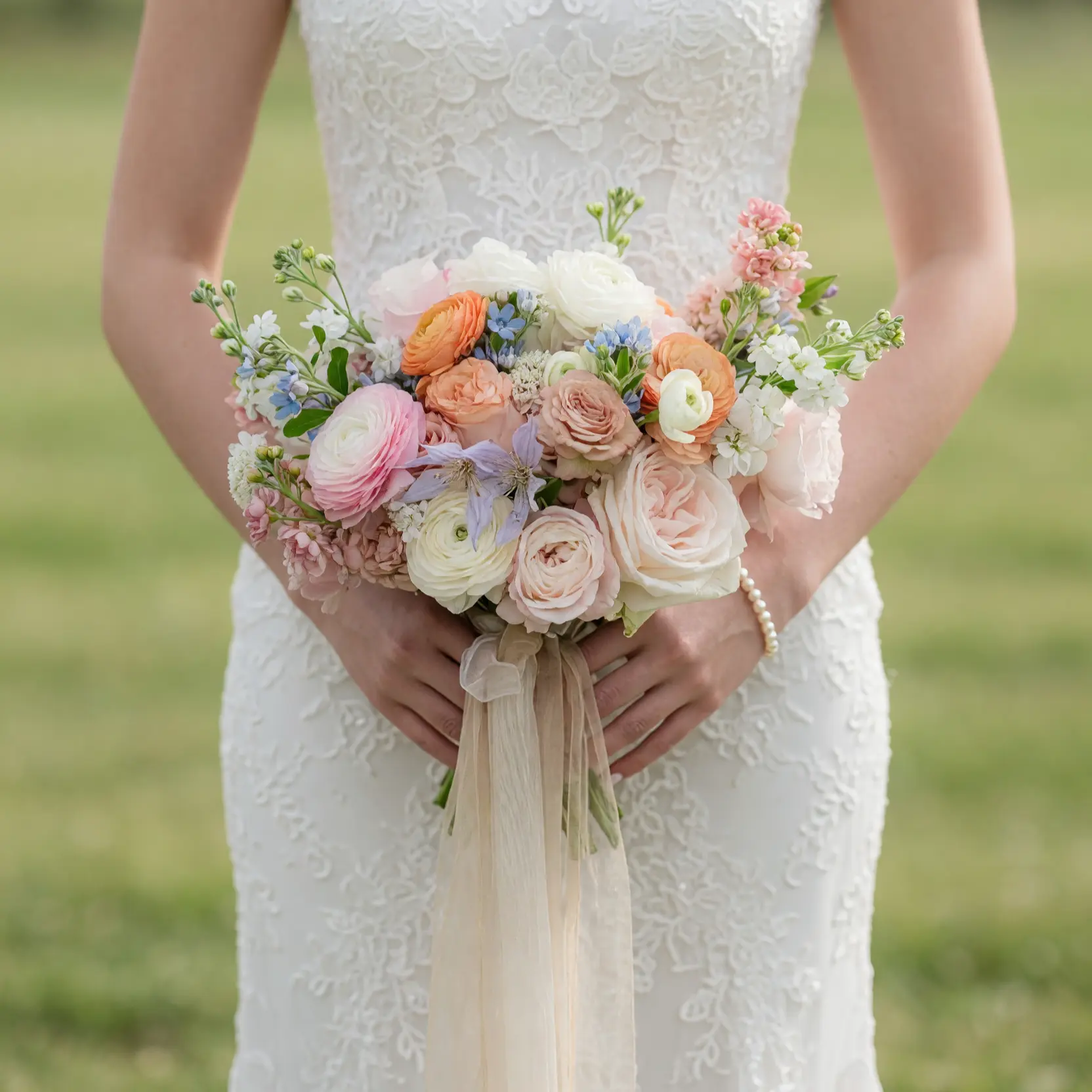 Beach Wedding Bouquets arrangement featuring peach, blush, coral, and ivory ranunculus, garden roses, blue blossoms, and long ivory ribbons