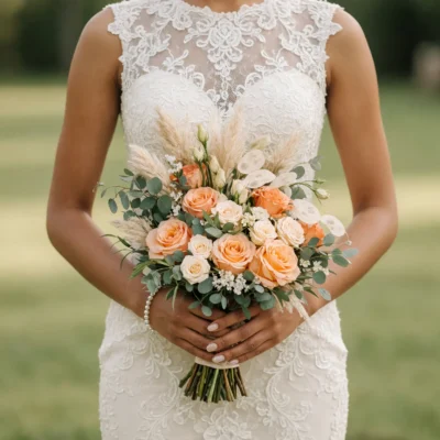 Beach Wedding Bouquets arrangement featuring peach roses, ivory spray roses, white filler flowers, eucalyptus, pampas grass, and lunaria pods
