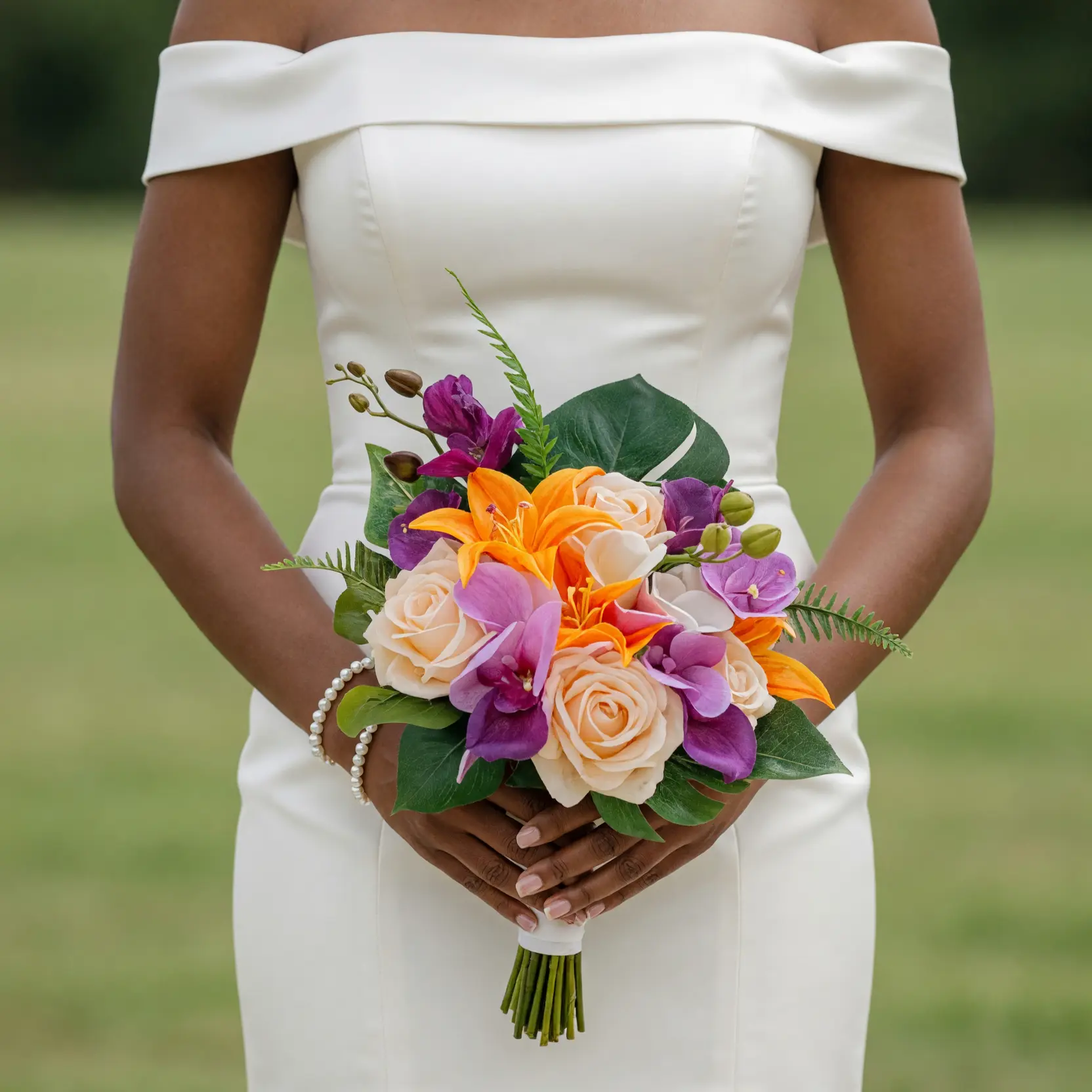 Beach Wedding Bouquets arrangement featuring orange lilies, creamy peach roses, purple orchids, monstera leaves, fern fronds, and tropical greenery