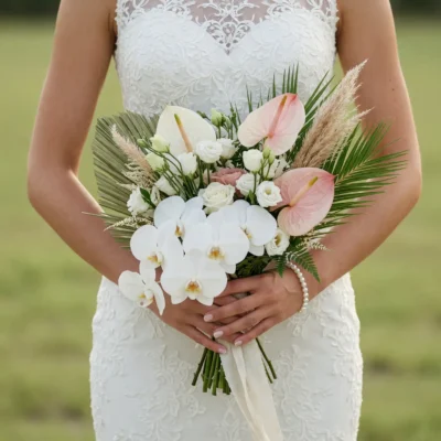Beach Wedding Bouquets arrangement featuring white phalaenopsis orchids, blush and ivory anthuriums, creamy roses, pampas grass, and palm foliage