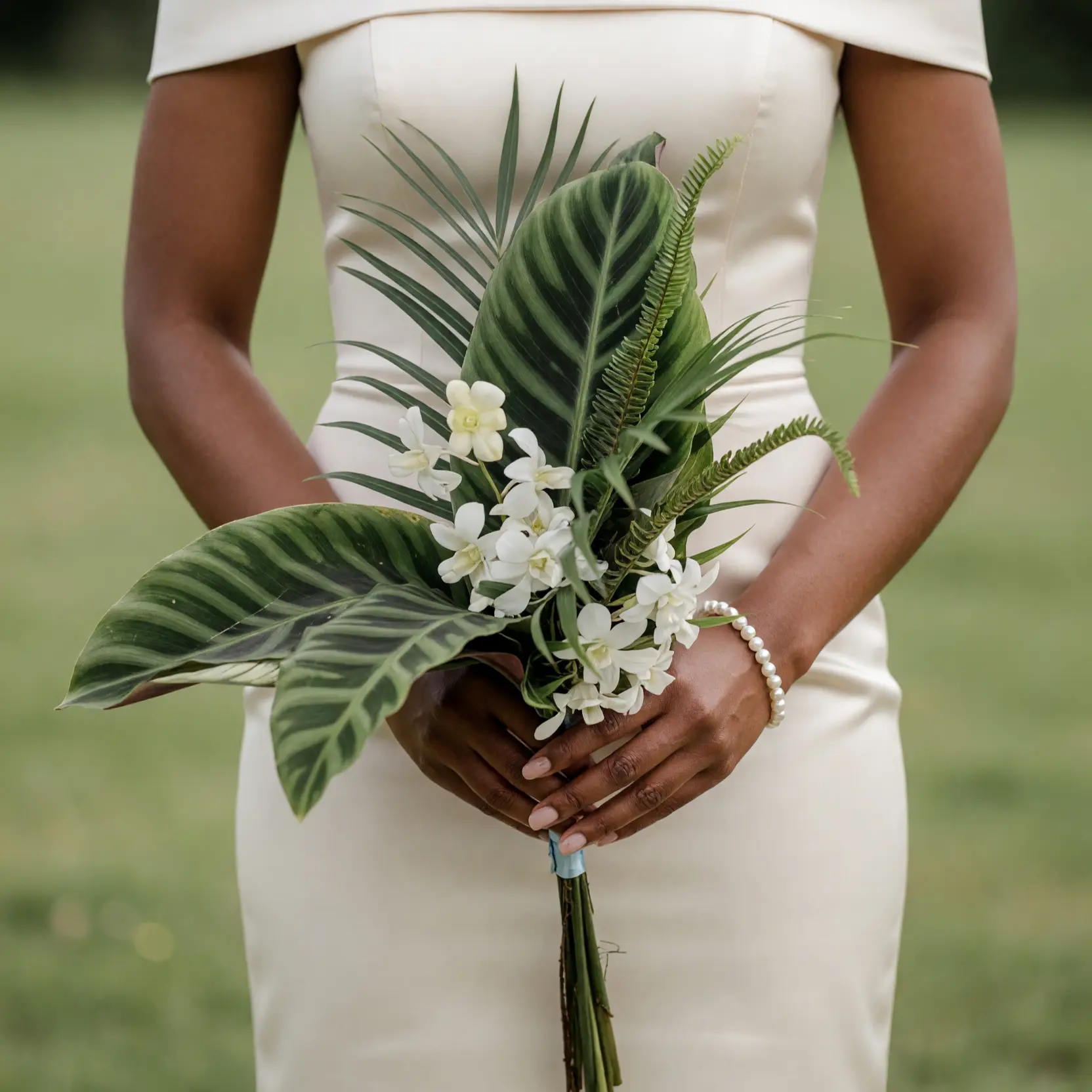Beach Wedding Bouquets arrangement featuring delicate white orchids, large striped tropical leaves, palm fronds, narrow foliage, and fern accents