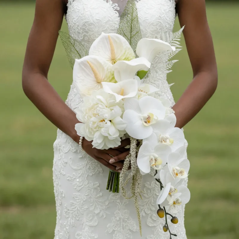 Beach Wedding Bouquets White Anthurium Pearl Cascade